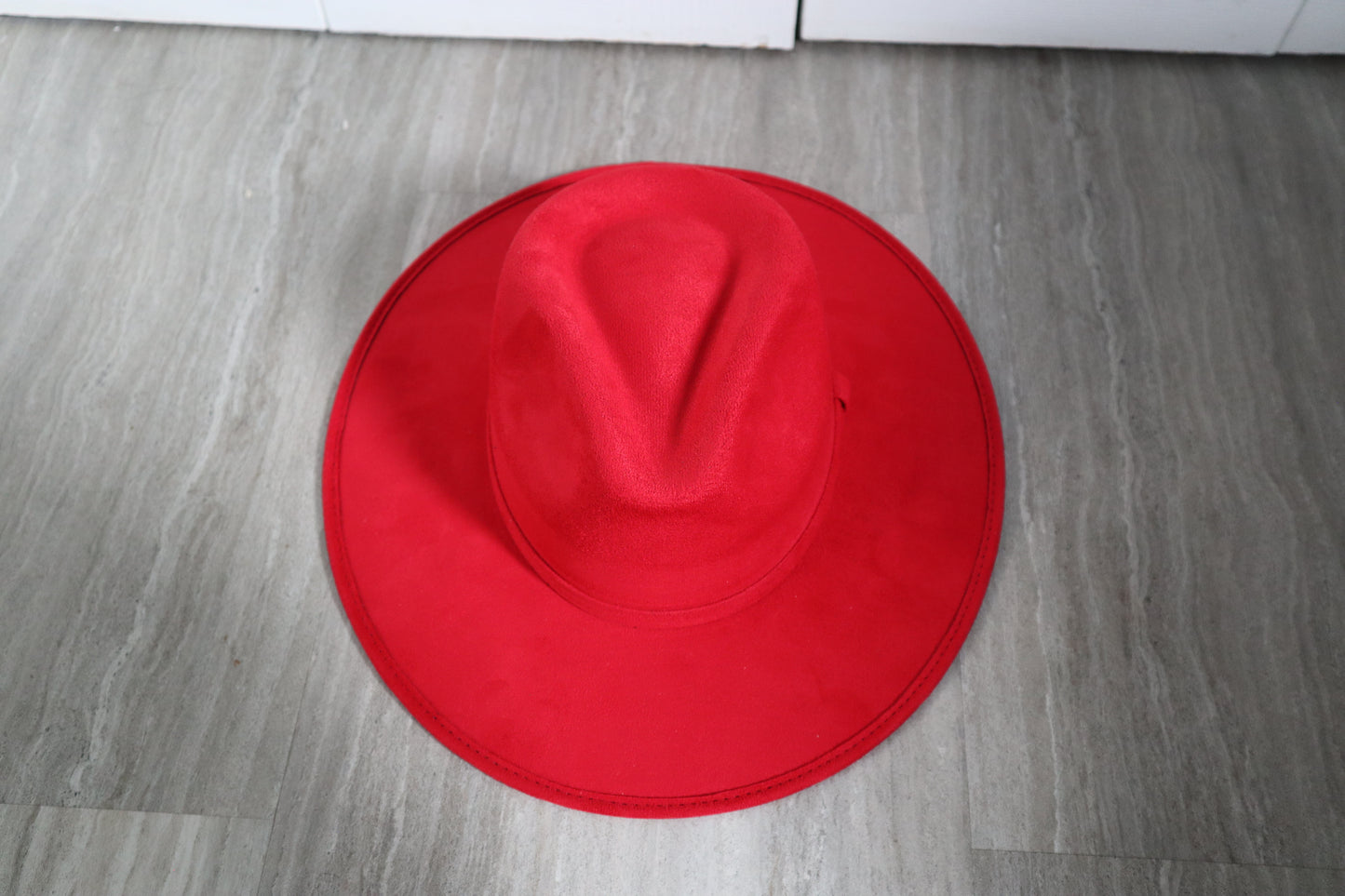 PREMIUM Vegan Faux Suede Fedora Hat Stiff Brim - Red